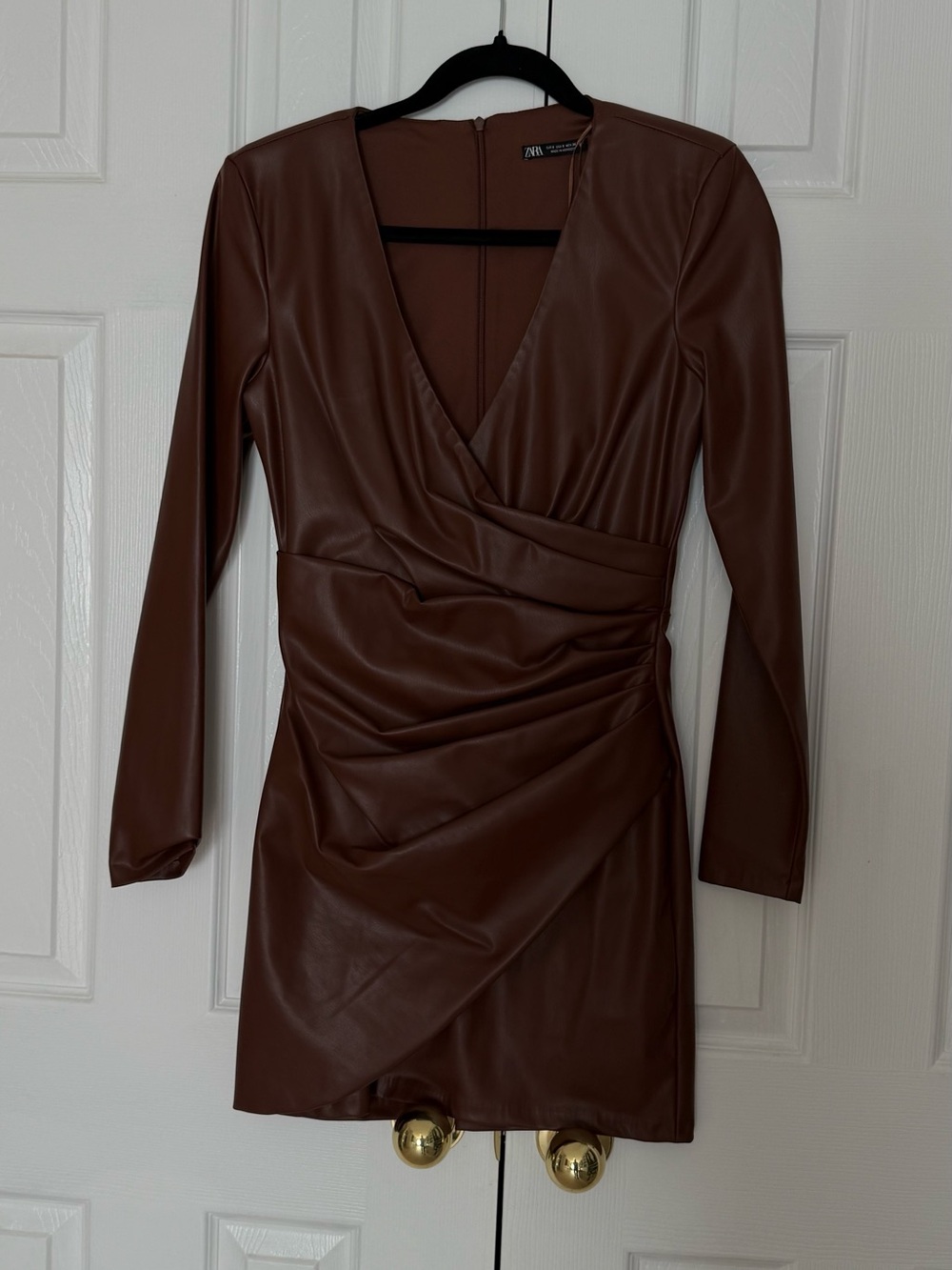 Zara Brown Faux Leather Mini Wrap Dress